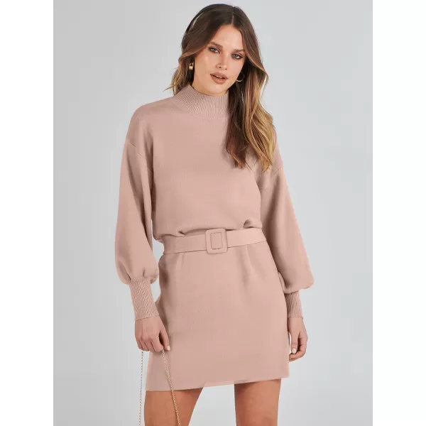 imageANRABESS Womens Sweater Dress 2023 Winter Casual Long Sleeve Mock Neck Tie Waist Elegant Knit Mini DressesDeep Apricot