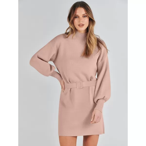 imageANRABESS Womens Sweater Dress 2023 Winter Casual Long Sleeve Mock Neck Tie Waist Elegant Knit Mini DressesDeep Apricot