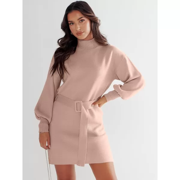 imageANRABESS Womens Sweater Dress 2023 Winter Casual Long Sleeve Mock Neck Tie Waist Elegant Knit Mini DressesDeep Apricot