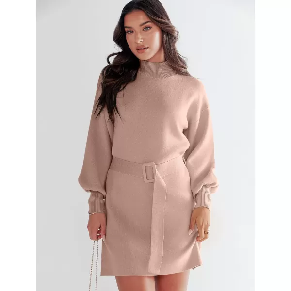 imageANRABESS Womens Sweater Dress 2023 Winter Casual Long Sleeve Mock Neck Tie Waist Elegant Knit Mini DressesDeep Apricot