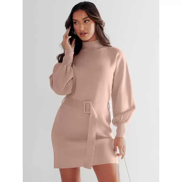 imageANRABESS Womens Sweater Dress 2023 Winter Casual Long Sleeve Mock Neck Tie Waist Elegant Knit Mini DressesDeep Apricot
