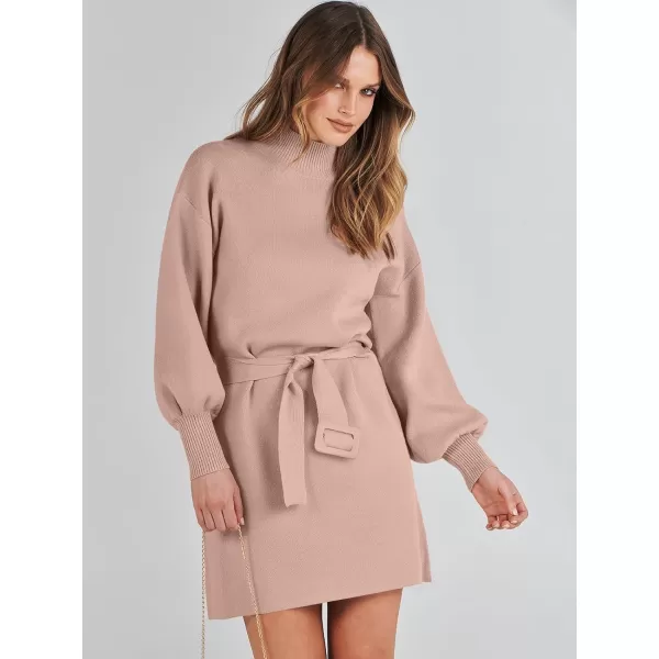 imageANRABESS Womens Sweater Dress 2023 Winter Casual Long Sleeve Mock Neck Tie Waist Elegant Knit Mini DressesDeep Apricot