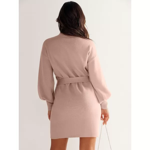 imageANRABESS Womens Sweater Dress 2023 Winter Casual Long Sleeve Mock Neck Tie Waist Elegant Knit Mini DressesDeep Apricot