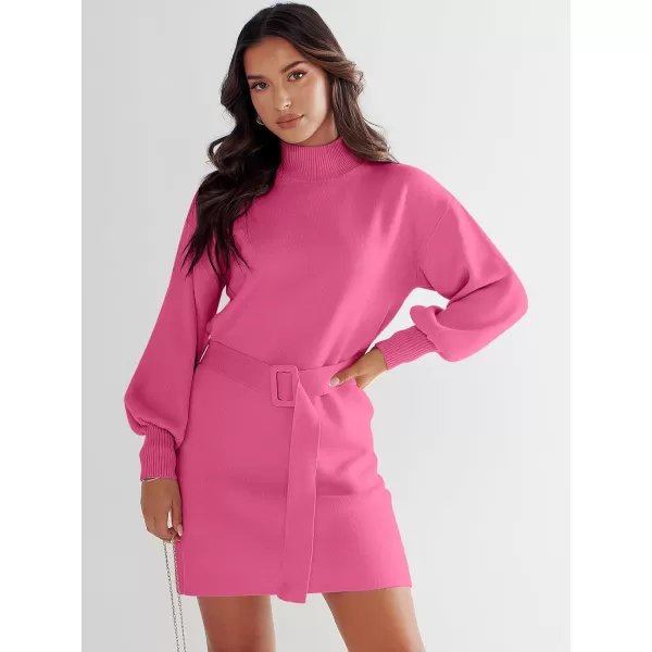 imageANRABESS Womens Sweater Dress 2023 Winter Casual Long Sleeve Mock Neck Tie Waist Elegant Knit Mini DressesHot Pink