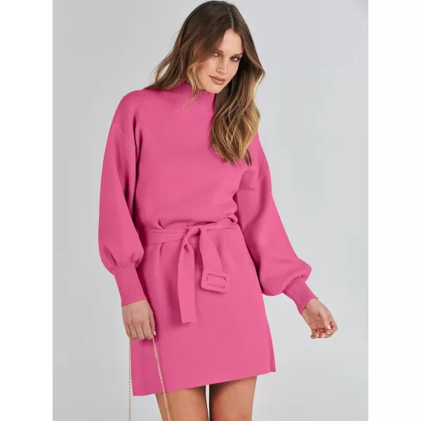 imageANRABESS Womens Sweater Dress 2023 Winter Casual Long Sleeve Mock Neck Tie Waist Elegant Knit Mini DressesHot Pink