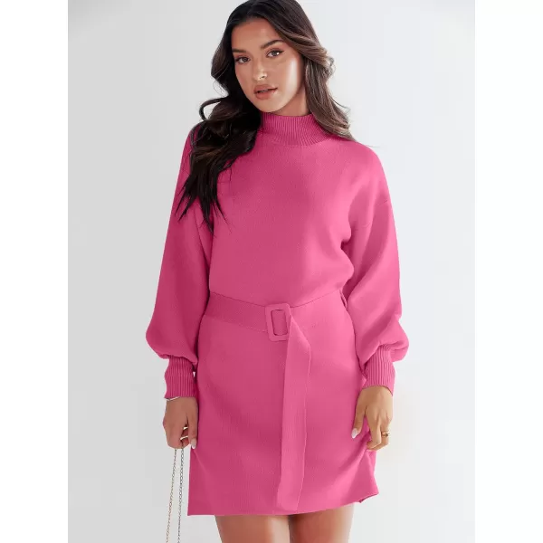 imageANRABESS Womens Sweater Dress 2023 Winter Casual Long Sleeve Mock Neck Tie Waist Elegant Knit Mini DressesHot Pink