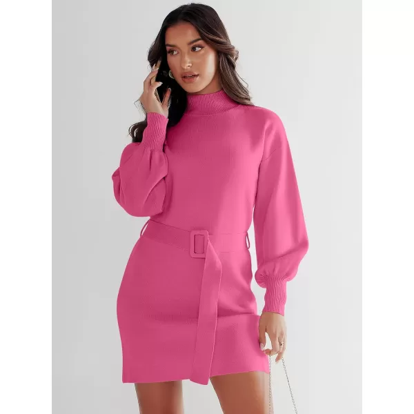 imageANRABESS Womens Sweater Dress 2023 Winter Casual Long Sleeve Mock Neck Tie Waist Elegant Knit Mini DressesHot Pink