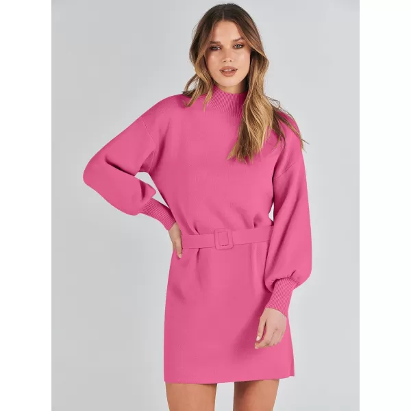 imageANRABESS Womens Sweater Dress 2023 Winter Casual Long Sleeve Mock Neck Tie Waist Elegant Knit Mini DressesHot Pink