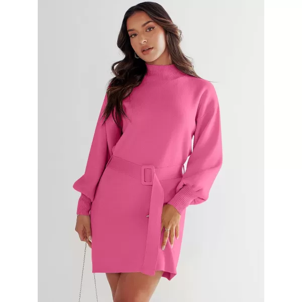 imageANRABESS Womens Sweater Dress 2023 Winter Casual Long Sleeve Mock Neck Tie Waist Elegant Knit Mini DressesHot Pink