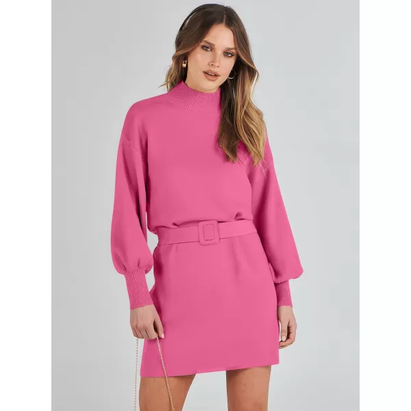 imageANRABESS Womens Sweater Dress 2023 Winter Casual Long Sleeve Mock Neck Tie Waist Elegant Knit Mini DressesHot Pink