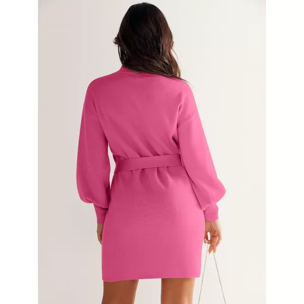 imageANRABESS Womens Sweater Dress 2023 Winter Casual Long Sleeve Mock Neck Tie Waist Elegant Knit Mini DressesHot Pink
