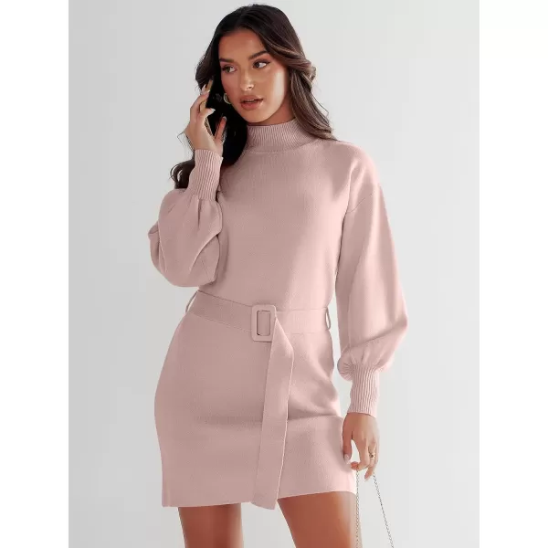imageANRABESS Womens Sweater Dress 2023 Winter Casual Long Sleeve Mock Neck Tie Waist Elegant Knit Mini DressesPink