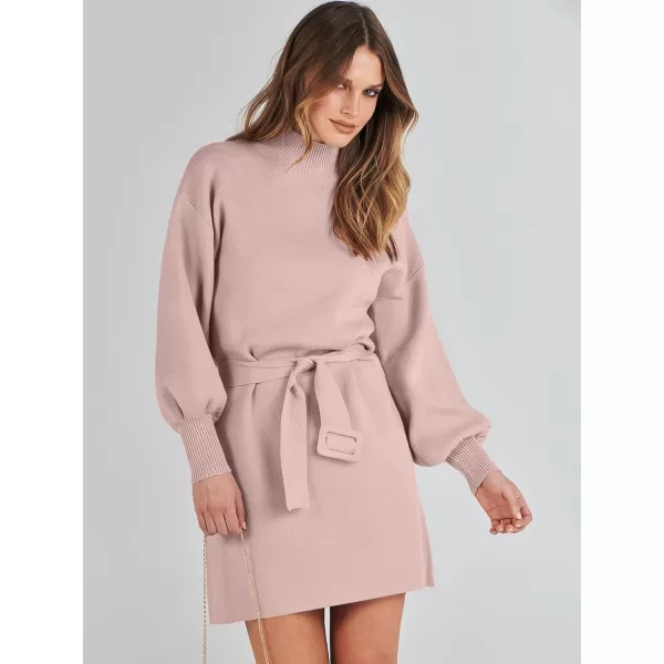 imageANRABESS Womens Sweater Dress 2023 Winter Casual Long Sleeve Mock Neck Tie Waist Elegant Knit Mini DressesPink
