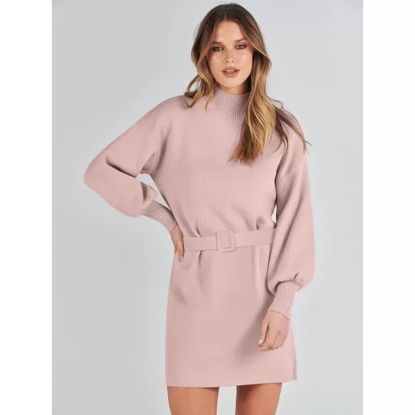 imageANRABESS Womens Sweater Dress 2023 Winter Casual Long Sleeve Mock Neck Tie Waist Elegant Knit Mini DressesPink