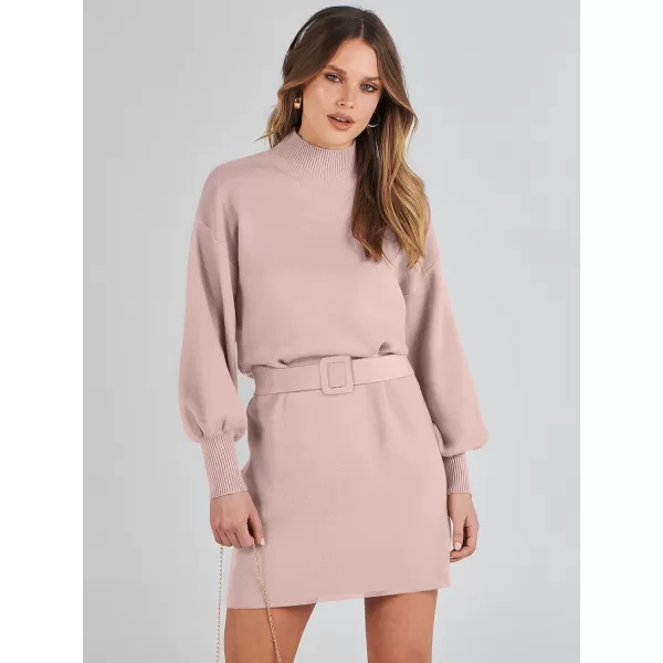 imageANRABESS Womens Sweater Dress 2023 Winter Casual Long Sleeve Mock Neck Tie Waist Elegant Knit Mini DressesPink