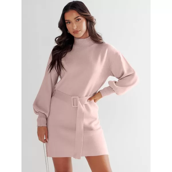imageANRABESS Womens Sweater Dress 2023 Winter Casual Long Sleeve Mock Neck Tie Waist Elegant Knit Mini DressesPink