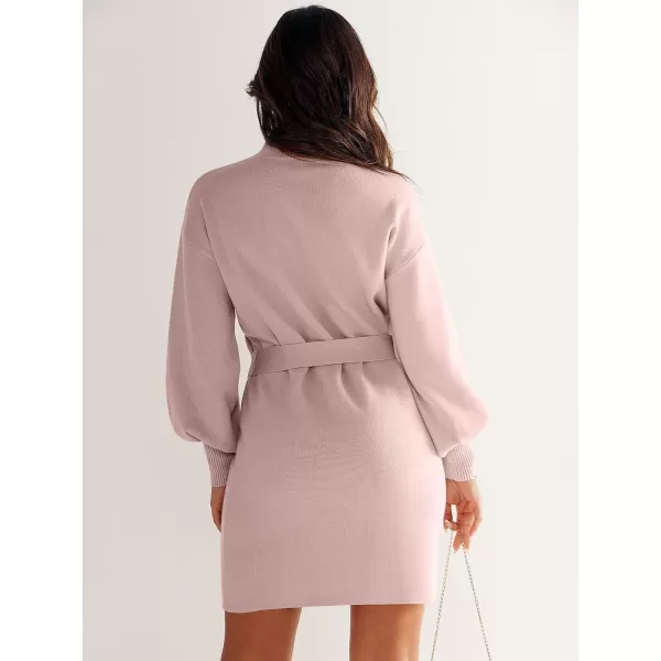 imageANRABESS Womens Sweater Dress 2023 Winter Casual Long Sleeve Mock Neck Tie Waist Elegant Knit Mini DressesPink