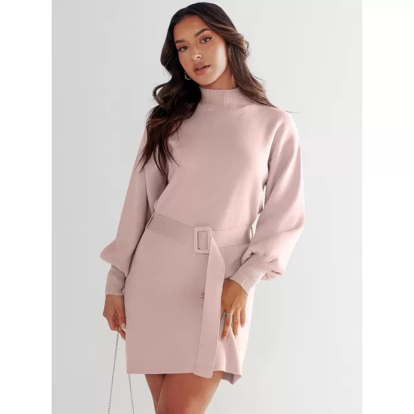 imageANRABESS Womens Sweater Dress 2023 Winter Casual Long Sleeve Mock Neck Tie Waist Elegant Knit Mini DressesPink