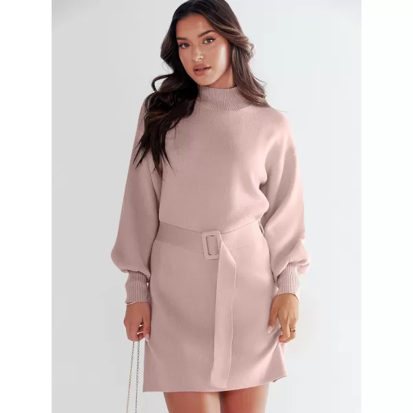 imageANRABESS Womens Sweater Dress 2023 Winter Casual Long Sleeve Mock Neck Tie Waist Elegant Knit Mini DressesPink