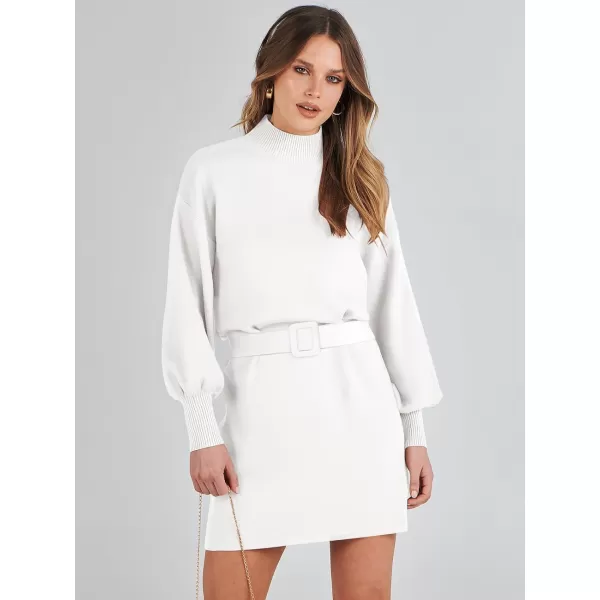 imageANRABESS Womens Sweater Dress 2023 Winter Casual Long Sleeve Mock Neck Tie Waist Elegant Knit Mini DressesWhite
