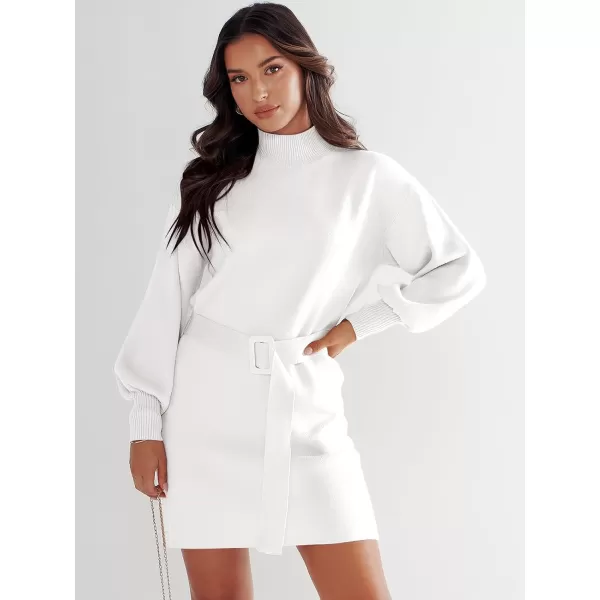 imageANRABESS Womens Sweater Dress 2023 Winter Casual Long Sleeve Mock Neck Tie Waist Elegant Knit Mini DressesWhite