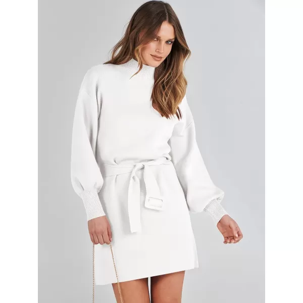 imageANRABESS Womens Sweater Dress 2023 Winter Casual Long Sleeve Mock Neck Tie Waist Elegant Knit Mini DressesWhite