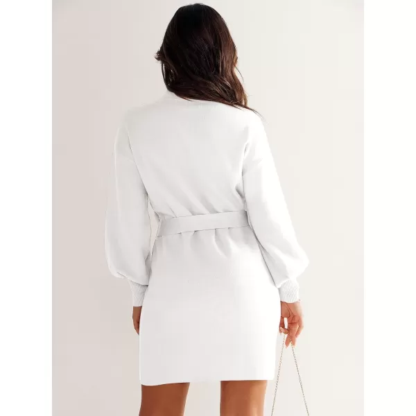 imageANRABESS Womens Sweater Dress 2023 Winter Casual Long Sleeve Mock Neck Tie Waist Elegant Knit Mini DressesWhite
