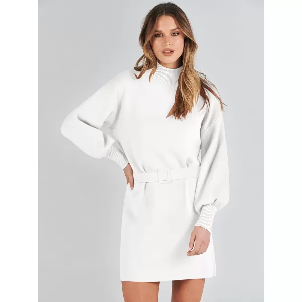 imageANRABESS Womens Sweater Dress 2023 Winter Casual Long Sleeve Mock Neck Tie Waist Elegant Knit Mini DressesWhite