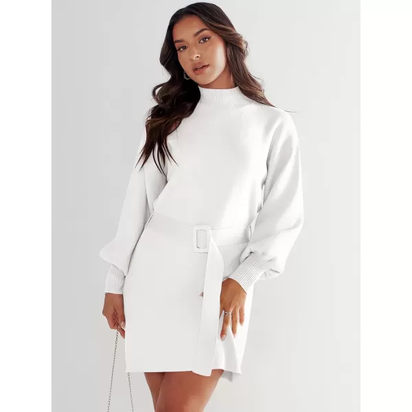 imageANRABESS Womens Sweater Dress 2023 Winter Casual Long Sleeve Mock Neck Tie Waist Elegant Knit Mini DressesWhite
