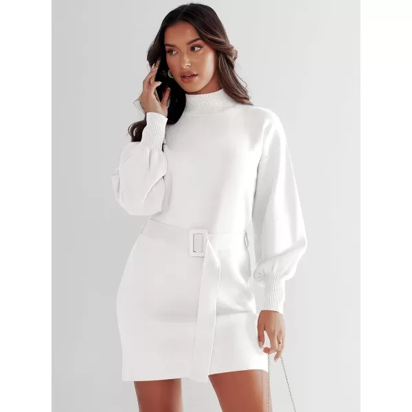 imageANRABESS Womens Sweater Dress 2023 Winter Casual Long Sleeve Mock Neck Tie Waist Elegant Knit Mini DressesWhite