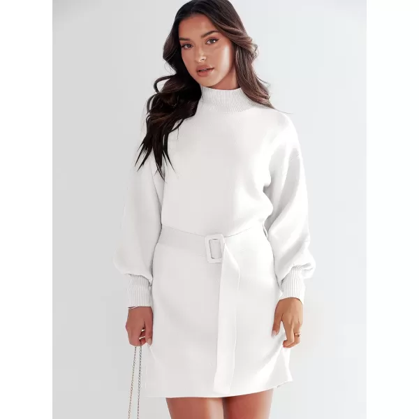 imageANRABESS Womens Sweater Dress 2023 Winter Casual Long Sleeve Mock Neck Tie Waist Elegant Knit Mini DressesWhite