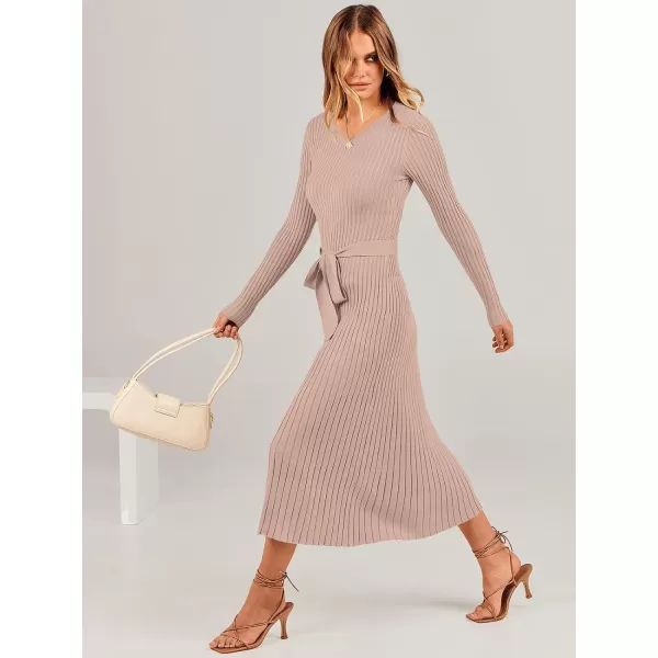 imageANRABESS Womens Sweater Dress 2024 Long Sleeve V Neck Tie Waist Slim Fit Elegant Ribbed Knit Bodycon Midi DressAlmond