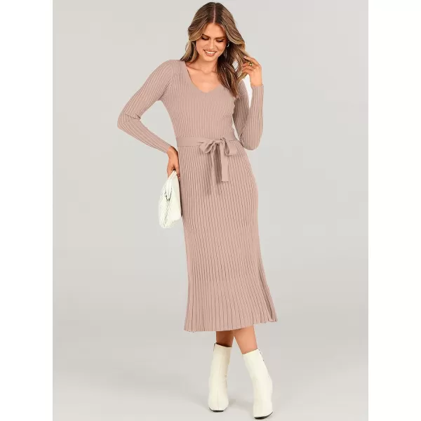 imageANRABESS Womens Sweater Dress 2024 Long Sleeve V Neck Tie Waist Slim Fit Elegant Ribbed Knit Bodycon Midi DressAlmond