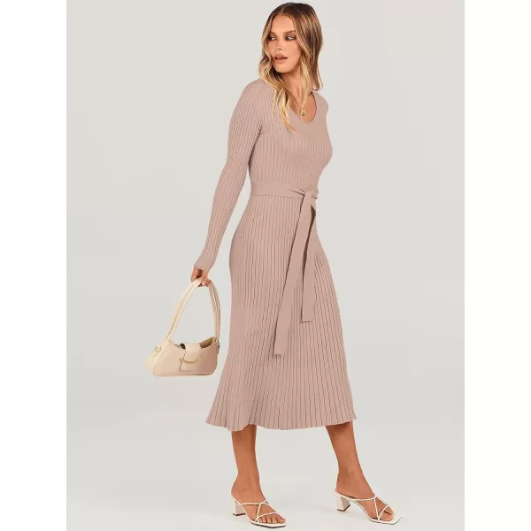 imageANRABESS Womens Sweater Dress 2024 Long Sleeve V Neck Tie Waist Slim Fit Elegant Ribbed Knit Bodycon Midi DressAlmond