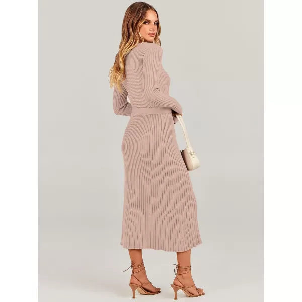 imageANRABESS Womens Sweater Dress 2024 Long Sleeve V Neck Tie Waist Slim Fit Elegant Ribbed Knit Bodycon Midi DressAlmond