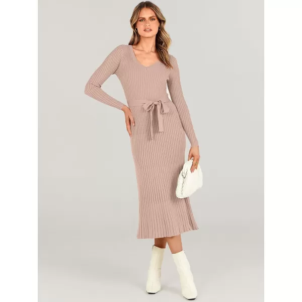imageANRABESS Womens Sweater Dress 2024 Long Sleeve V Neck Tie Waist Slim Fit Elegant Ribbed Knit Bodycon Midi DressAlmond