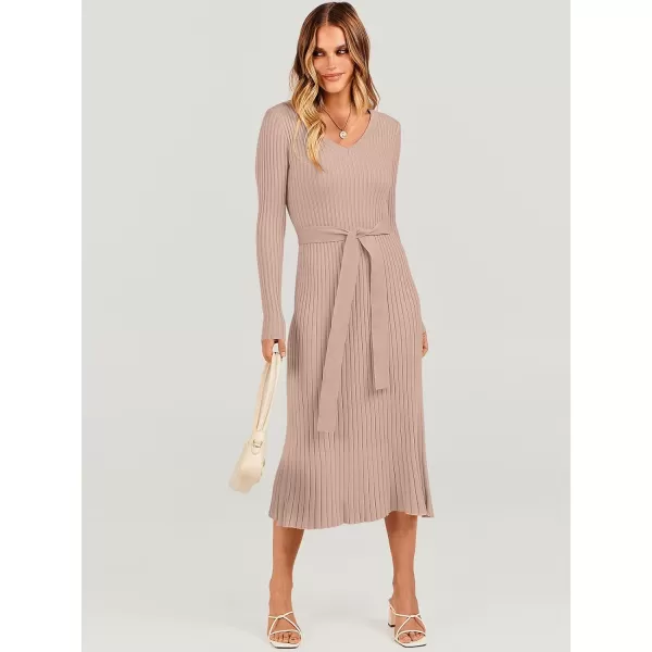 imageANRABESS Womens Sweater Dress 2024 Long Sleeve V Neck Tie Waist Slim Fit Elegant Ribbed Knit Bodycon Midi DressAlmond