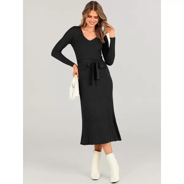 imageANRABESS Womens Sweater Dress 2024 Long Sleeve V Neck Tie Waist Slim Fit Elegant Ribbed Knit Bodycon Midi DressBlack