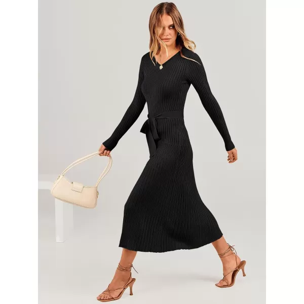imageANRABESS Womens Sweater Dress 2024 Long Sleeve V Neck Tie Waist Slim Fit Elegant Ribbed Knit Bodycon Midi DressBlack