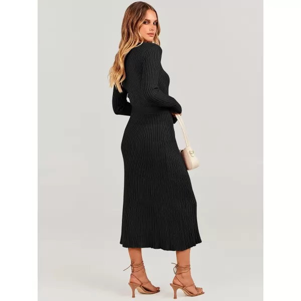imageANRABESS Womens Sweater Dress 2024 Long Sleeve V Neck Tie Waist Slim Fit Elegant Ribbed Knit Bodycon Midi DressBlack