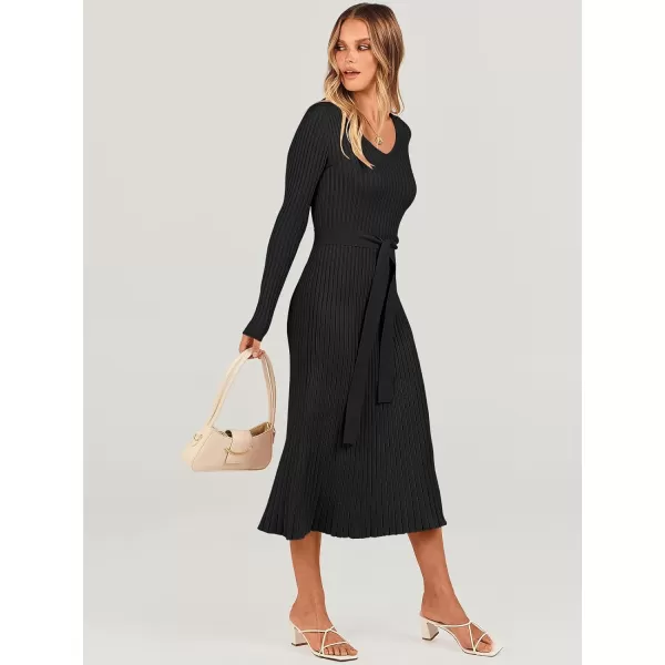 imageANRABESS Womens Sweater Dress 2024 Long Sleeve V Neck Tie Waist Slim Fit Elegant Ribbed Knit Bodycon Midi DressBlack
