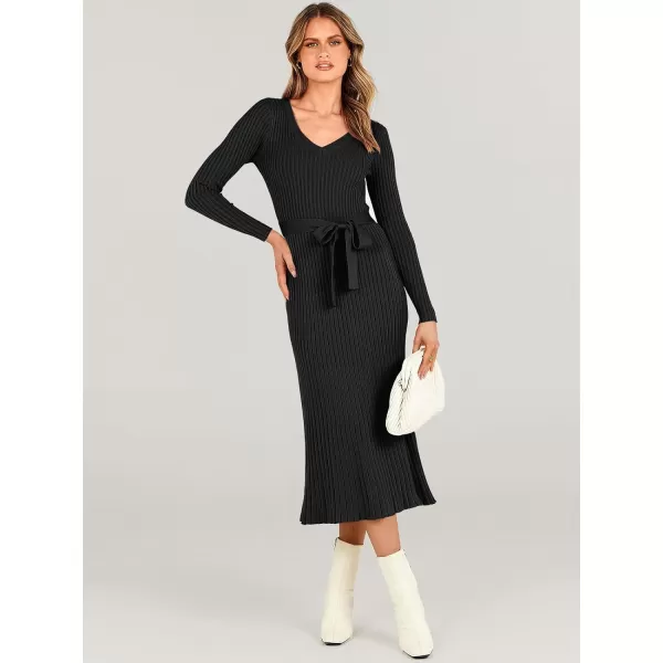 imageANRABESS Womens Sweater Dress 2024 Long Sleeve V Neck Tie Waist Slim Fit Elegant Ribbed Knit Bodycon Midi DressBlack