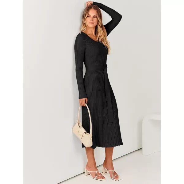 imageANRABESS Womens Sweater Dress 2024 Long Sleeve V Neck Tie Waist Slim Fit Elegant Ribbed Knit Bodycon Midi DressBlack