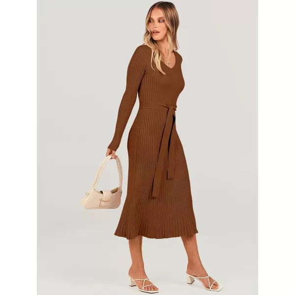 imageANRABESS Womens Sweater Dress 2024 Long Sleeve V Neck Tie Waist Slim Fit Elegant Ribbed Knit Bodycon Midi DressCaramel