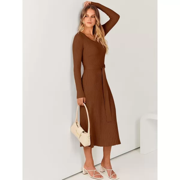 imageANRABESS Womens Sweater Dress 2024 Long Sleeve V Neck Tie Waist Slim Fit Elegant Ribbed Knit Bodycon Midi DressCaramel