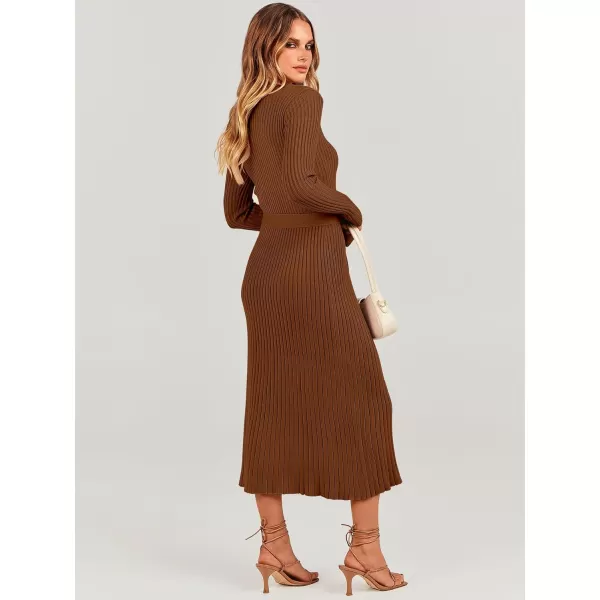 imageANRABESS Womens Sweater Dress 2024 Long Sleeve V Neck Tie Waist Slim Fit Elegant Ribbed Knit Bodycon Midi DressCaramel