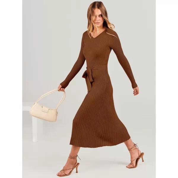 imageANRABESS Womens Sweater Dress 2024 Long Sleeve V Neck Tie Waist Slim Fit Elegant Ribbed Knit Bodycon Midi DressCaramel