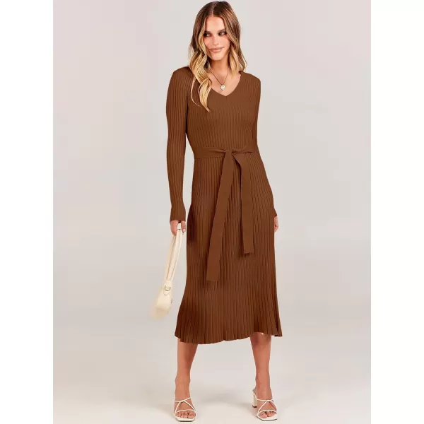 imageANRABESS Womens Sweater Dress 2024 Long Sleeve V Neck Tie Waist Slim Fit Elegant Ribbed Knit Bodycon Midi DressCaramel