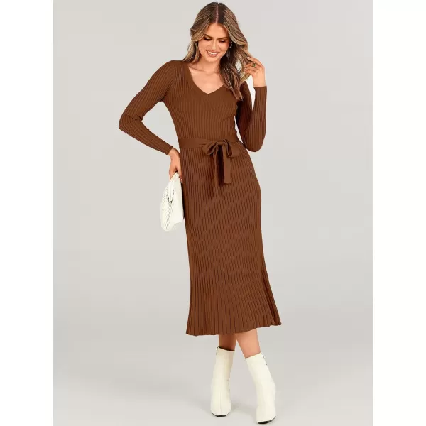 imageANRABESS Womens Sweater Dress 2024 Long Sleeve V Neck Tie Waist Slim Fit Elegant Ribbed Knit Bodycon Midi DressCaramel
