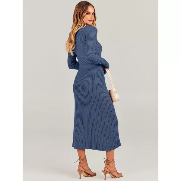 imageANRABESS Womens Sweater Dress 2024 Long Sleeve V Neck Tie Waist Slim Fit Elegant Ribbed Knit Bodycon Midi DressDusty Blue